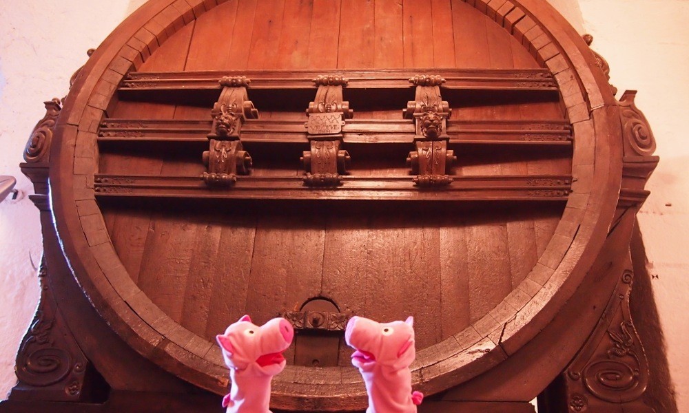 Die Schweine möchten das Fass im Schloss anstechen. 